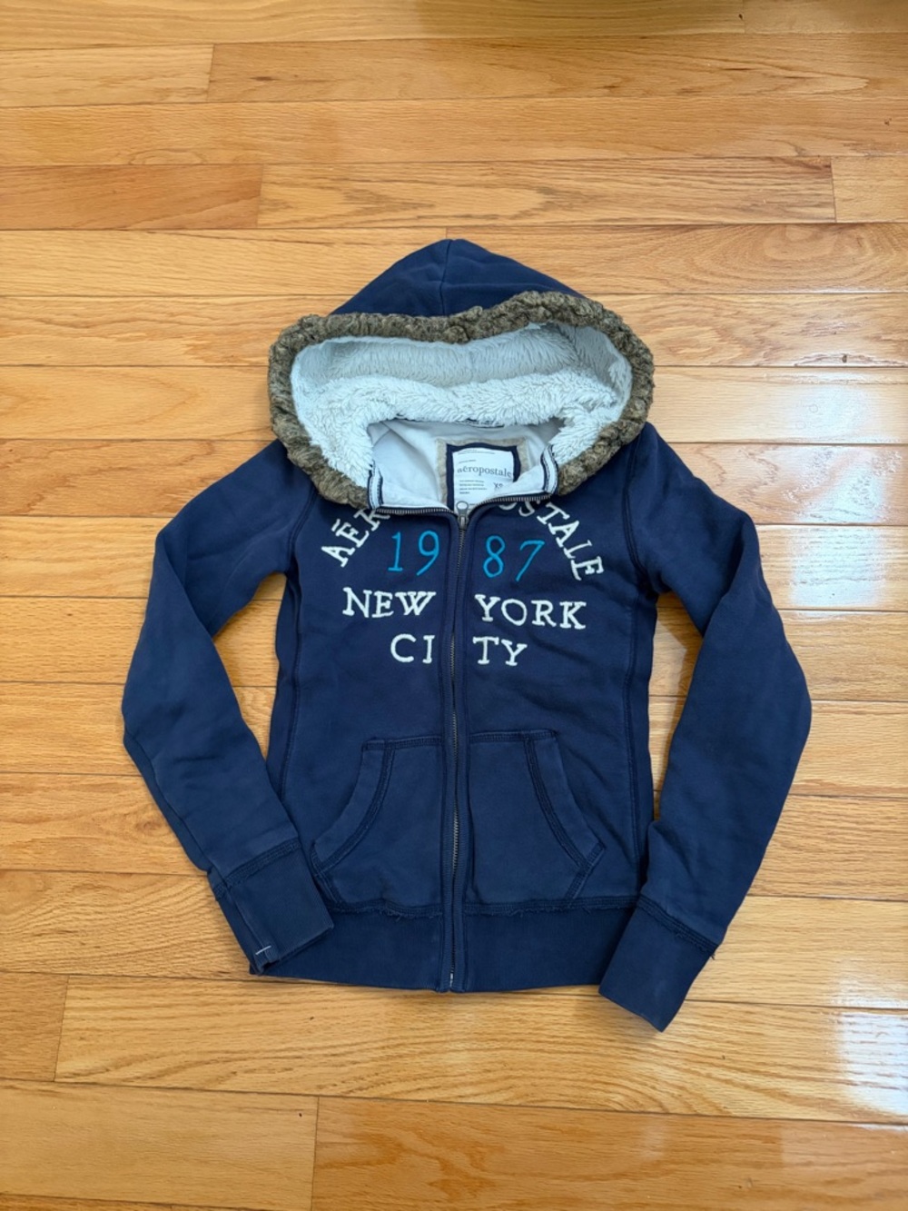 Vintage Aeropostale Navy Zip-Up Hoodie with Sherpa Hood Trim
